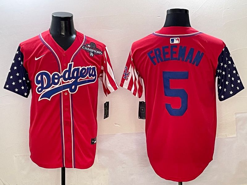 Men Los Angeles Dodgers 5 Freeman Red a generation of national flags Joint name 2025 Nike MLB Jersey style 7